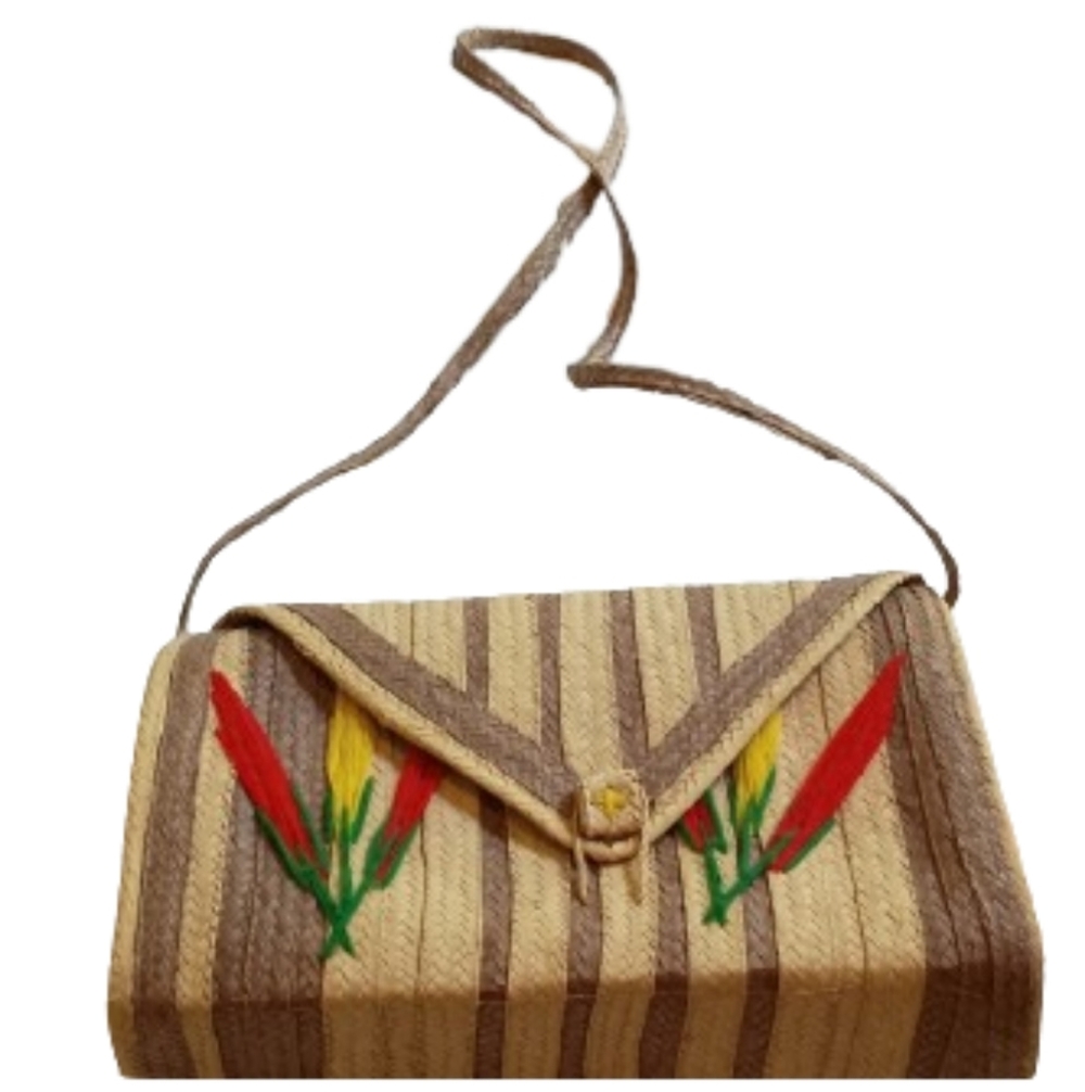 NEW Vintage Handcrafted straw Envelope Style tropical bag W/‎ Embroidered Tulips